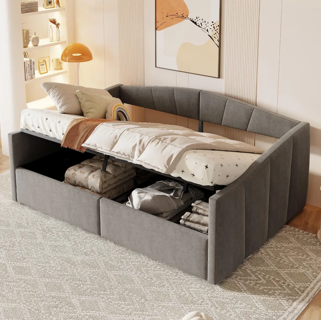 Lit Coffre Hydraulique 140x200 cm en Velours Gris avec Sommier à Lattes