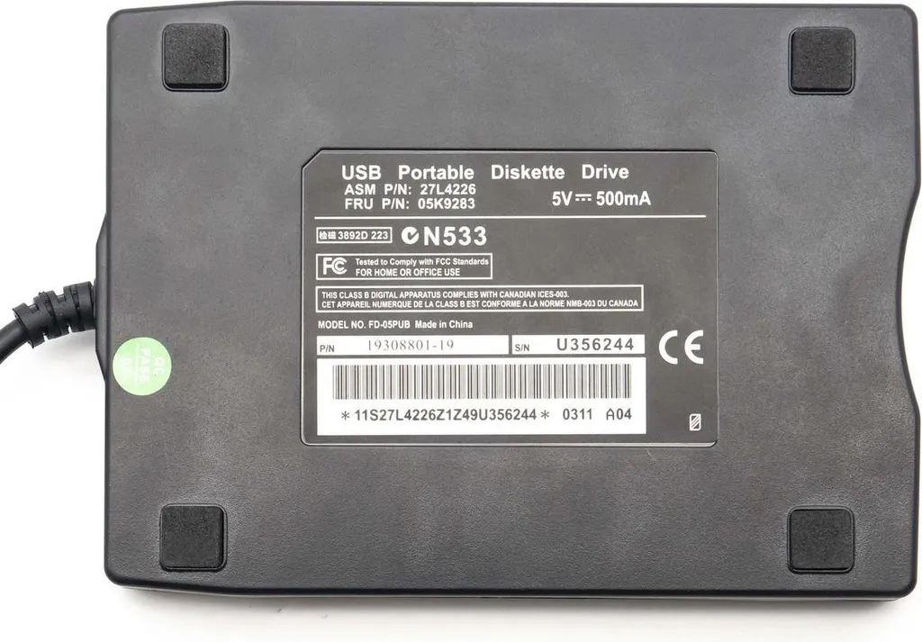 Lecteur disquette USB externe portable noir pour Windows XP et 2000