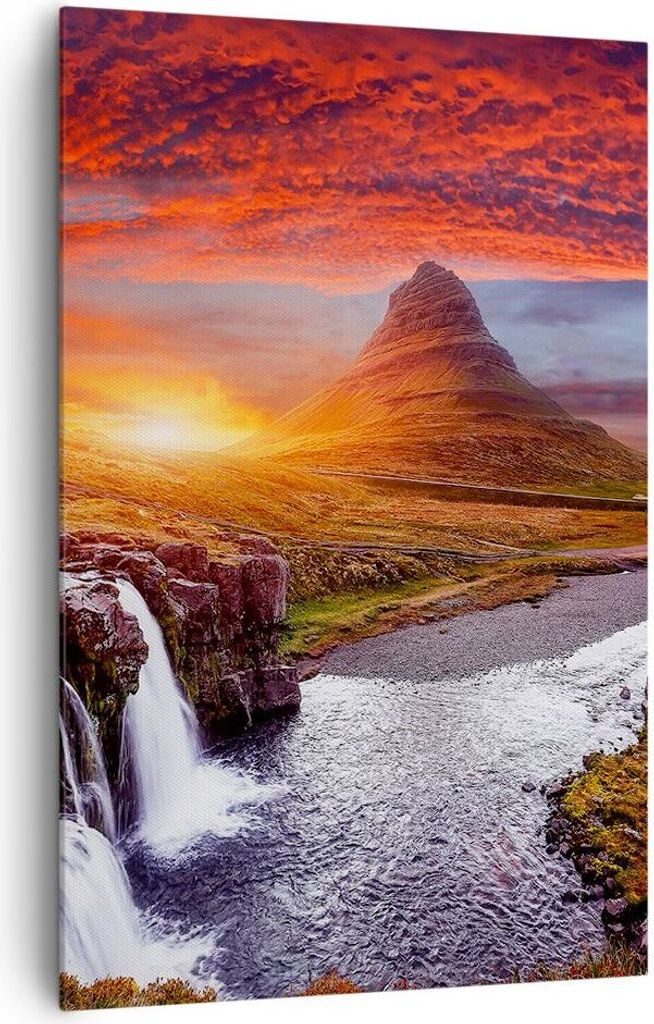Bild auf Leinwand - Leinwandbild - Einteilig - Kirkjufell Wasserfall Berg - 80x120cm - Wand Bild - Wanddeko - Wandbilder - Leinwanddruck - Wanddeko...