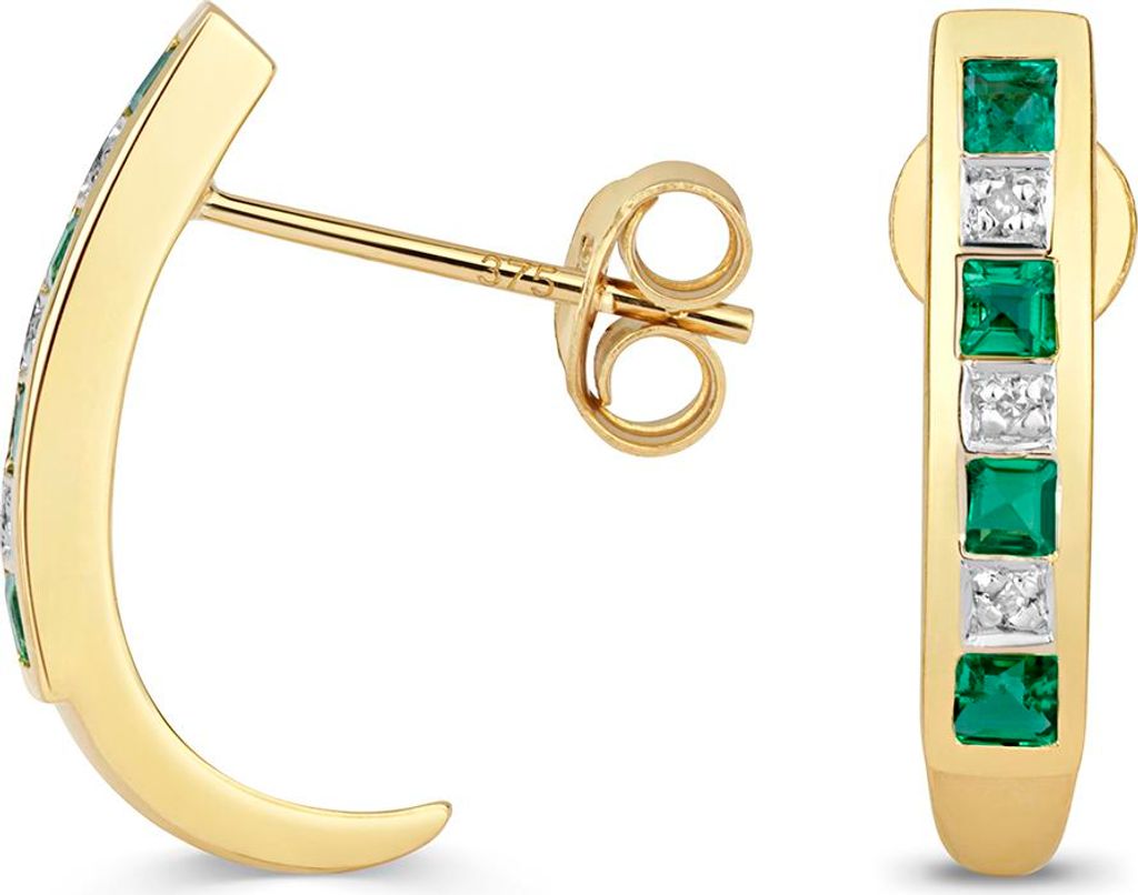 Funkelndes Feuer Elegante 9 Karat (375) Gold Diamant Paar Ohrringe Brillant-Schliff H - PK mit Smaragd - 16mm*3mm; TRS35530