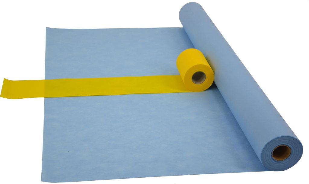 Sensalux Kombi-Set 1 Tischdeckenrolle 1,18m x 25m hellblau + Tischläufer 15cm gelb