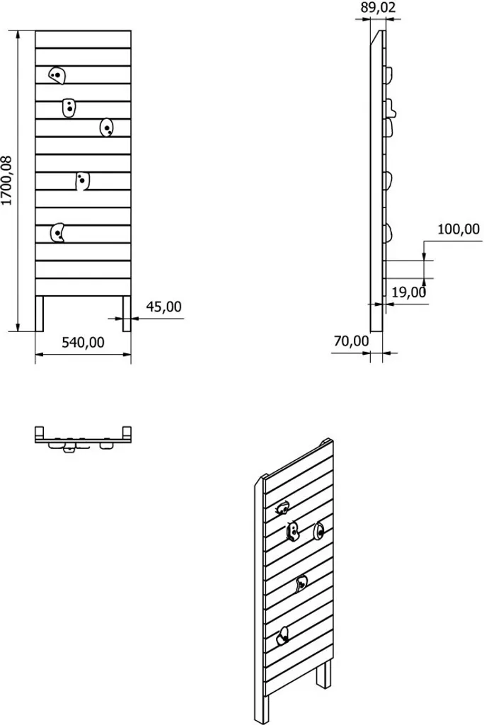 Mur d'escalade pour portique en bois 170x54 cm avec prises de grimpe