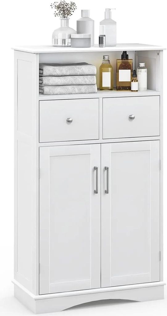 Badezimmerschrank - Kommode - 2 Schubladen - Offenes Fach - Verstellbare Einlegeböden - Holz, Lackierte Platte - Weiß