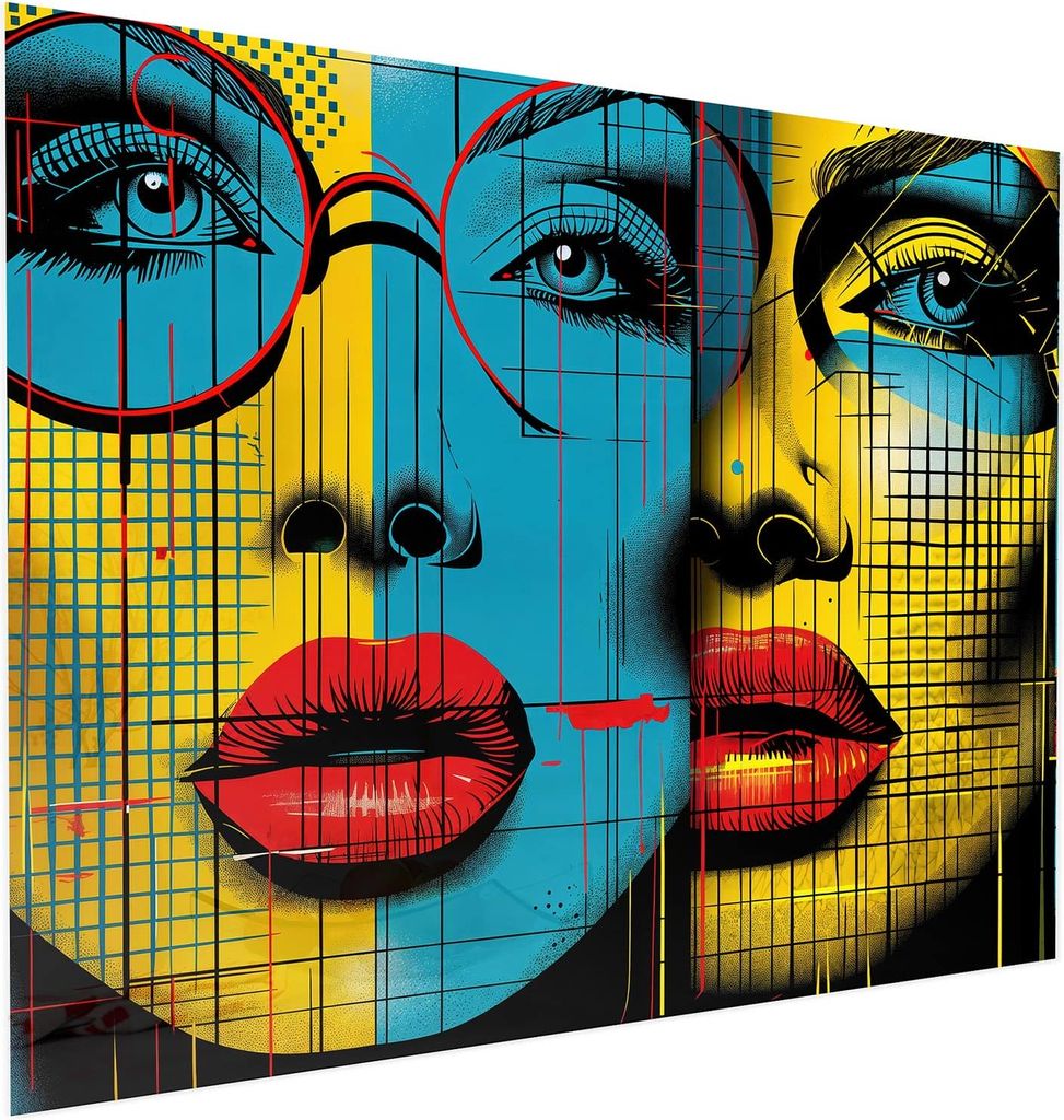 Glasbild 100x80cm in XXL für Wohnzimmer, Schlafzimmer Motiv Pop Art Gesichter