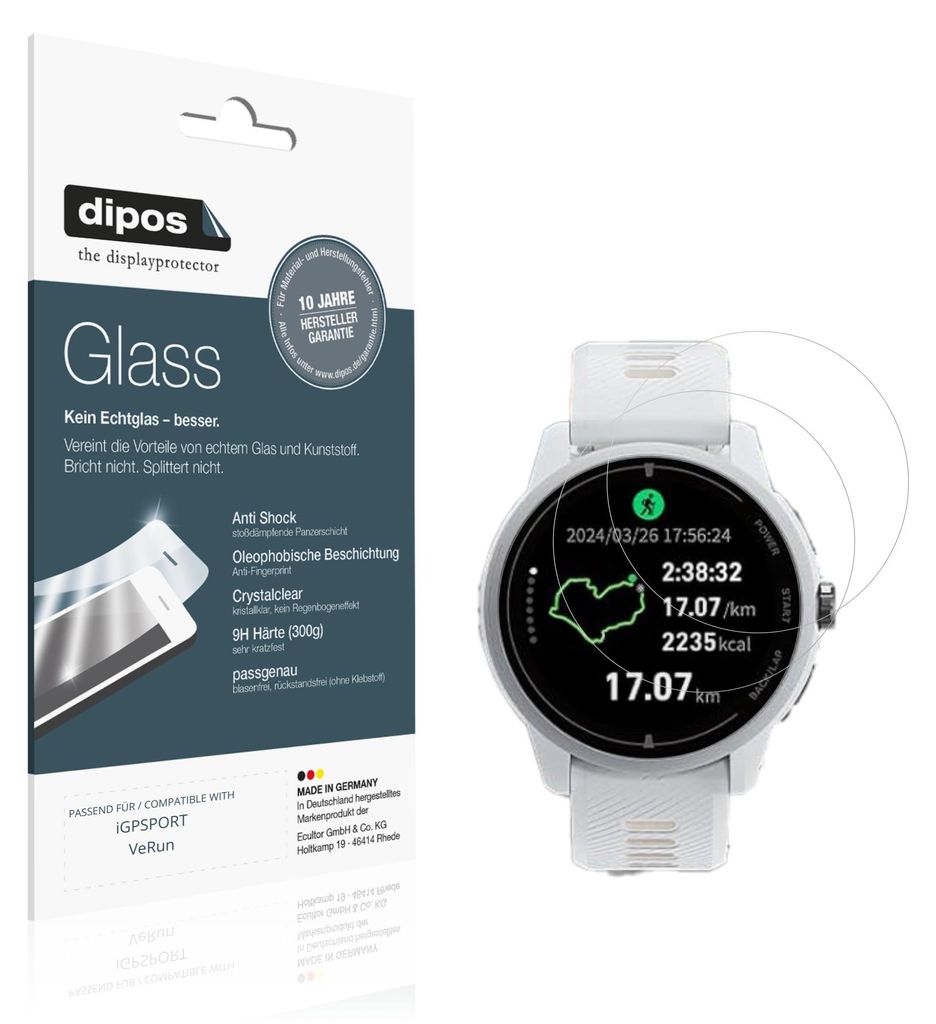 2x Schutzfolie für iGPSPORT VeRun - Anti-Shock 9H Folie dipos Glass Kunststoffglas