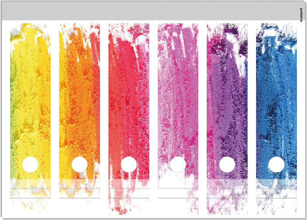 Wallario Ordnerrücken Sticker, selbstklebend für breite Ordner, 6 Stück, Motiv Regenbogenstreifen auf weißem Hintergrund - Bunter Anstrich