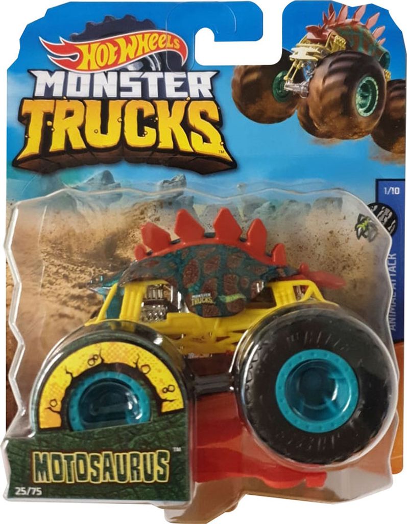 A Hot Wheels Monster Truck toy in its packaging, featuring a dinosaur-themed design.
