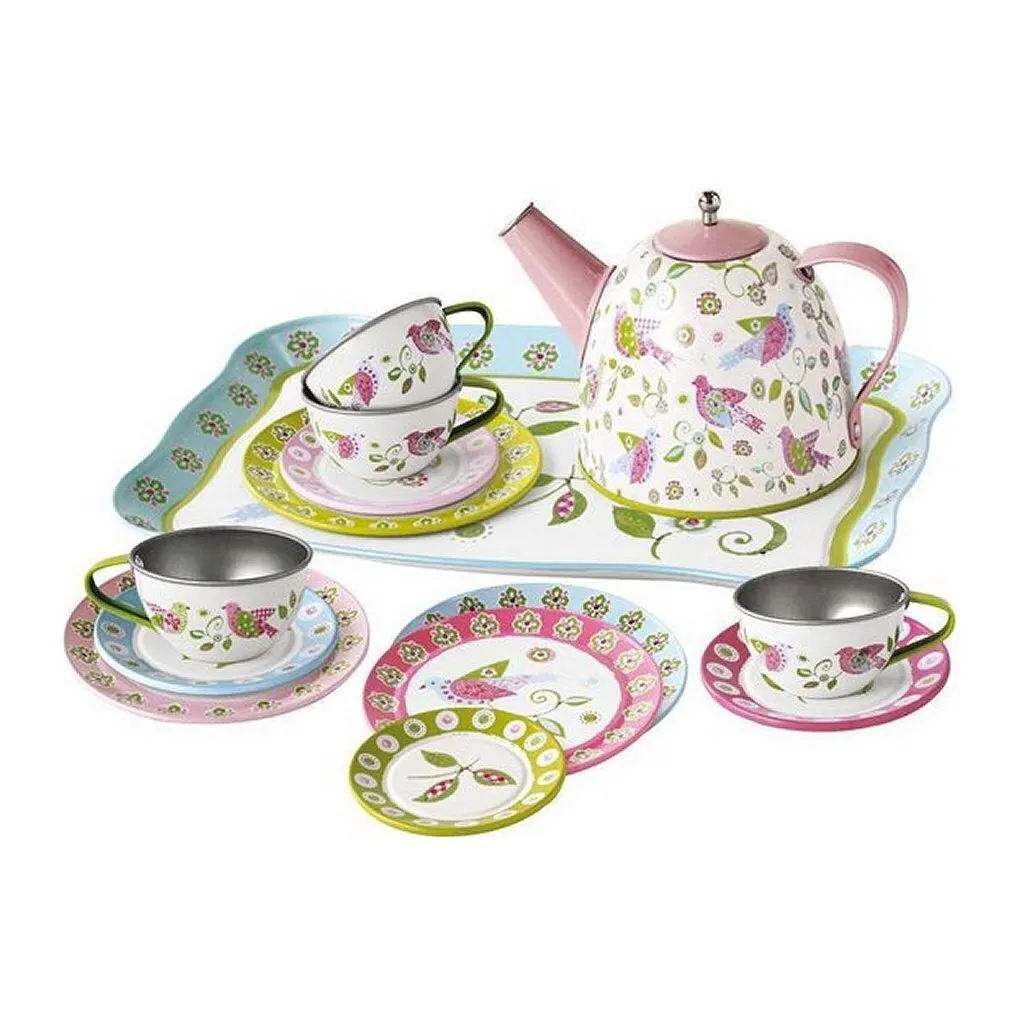 Dînette en Métal pour Enfant Design Oiseaux et Valise de Rangement