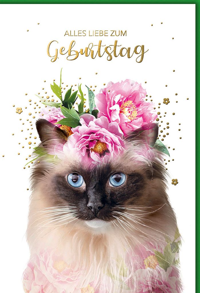 Geburtstag - Glückwunschkarte im Format 11,5 x 17 cm - Katze mit Blume