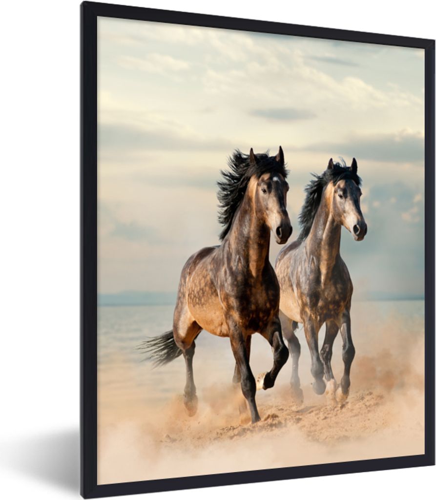 MuchoWow MuchoWow Gerahmtes Poster Pferde - Strand - Meer - Stoff 60x80 cm - Poster mit zchwarzem Bilderrahmen - Premium - Wanddeko Wohnzimmer