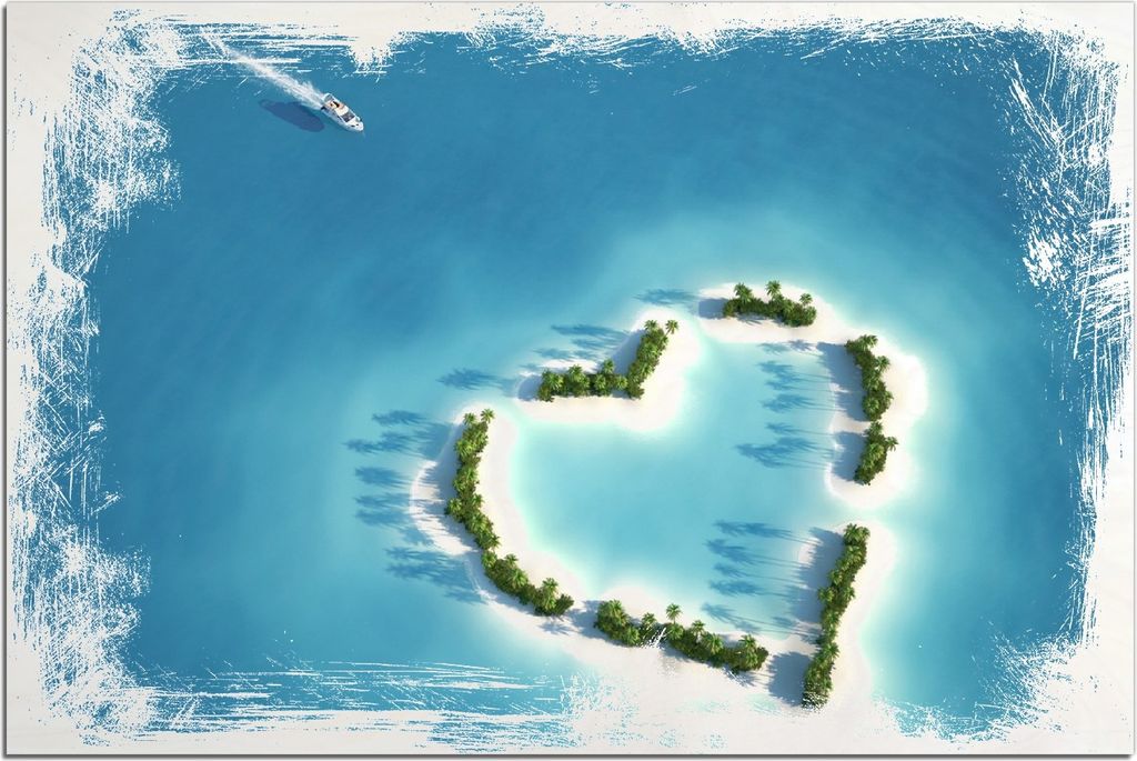 Kunstdrucke Wandbilder Holz in : Brillante Farben, Größe 60 x 90 cm Motiv Insel mit Herz