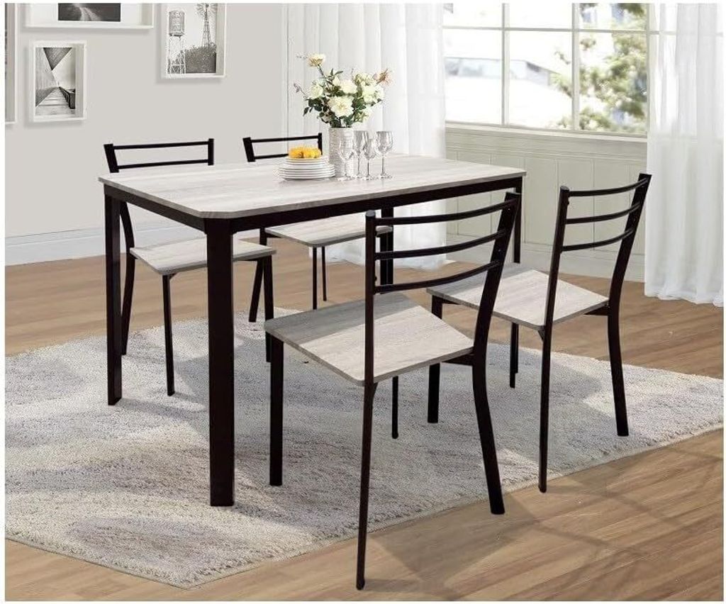 Küchen- und Esszimmertisch + 4 Stühle LEEDS. Essgruppe im Design aus Metall und Holz.