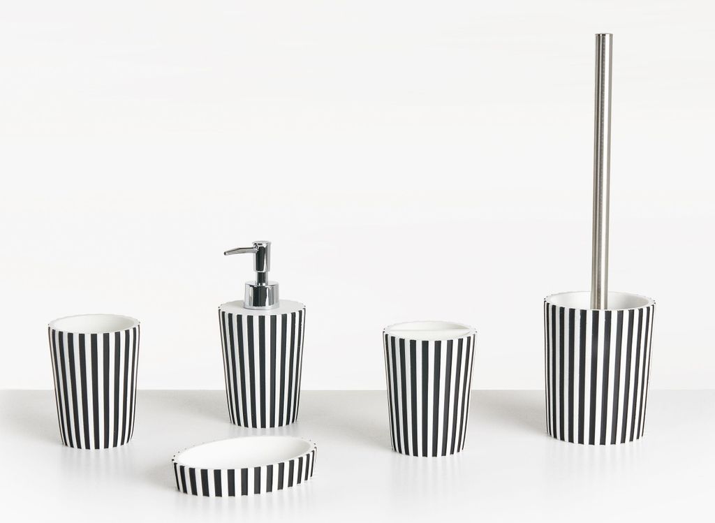 BELIANI Badezimmer Set 5-Teilig Schwarz u. Weiß Kunstharz Streifenmuster Retro Seifenschale Seifenspender Zahnbürstenhalter Toilettenbürste Becher