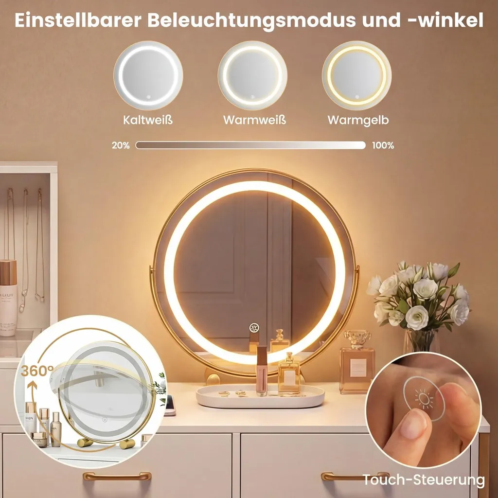 Coiffeuse avec Tabouret COSTWAY Miroir LED et Prises de Courant Intégrées - 4