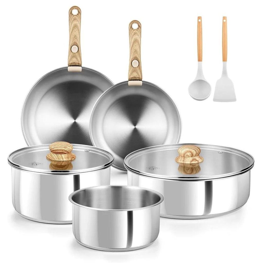 Topf- und Pfannenset - Kochgeschirr 11-teilig - 304 Edelstahl - Glasdeckel - Abnehmbarer Griff - Für Induktion, Gas, Elektro - Ofenfest - Spülmas...