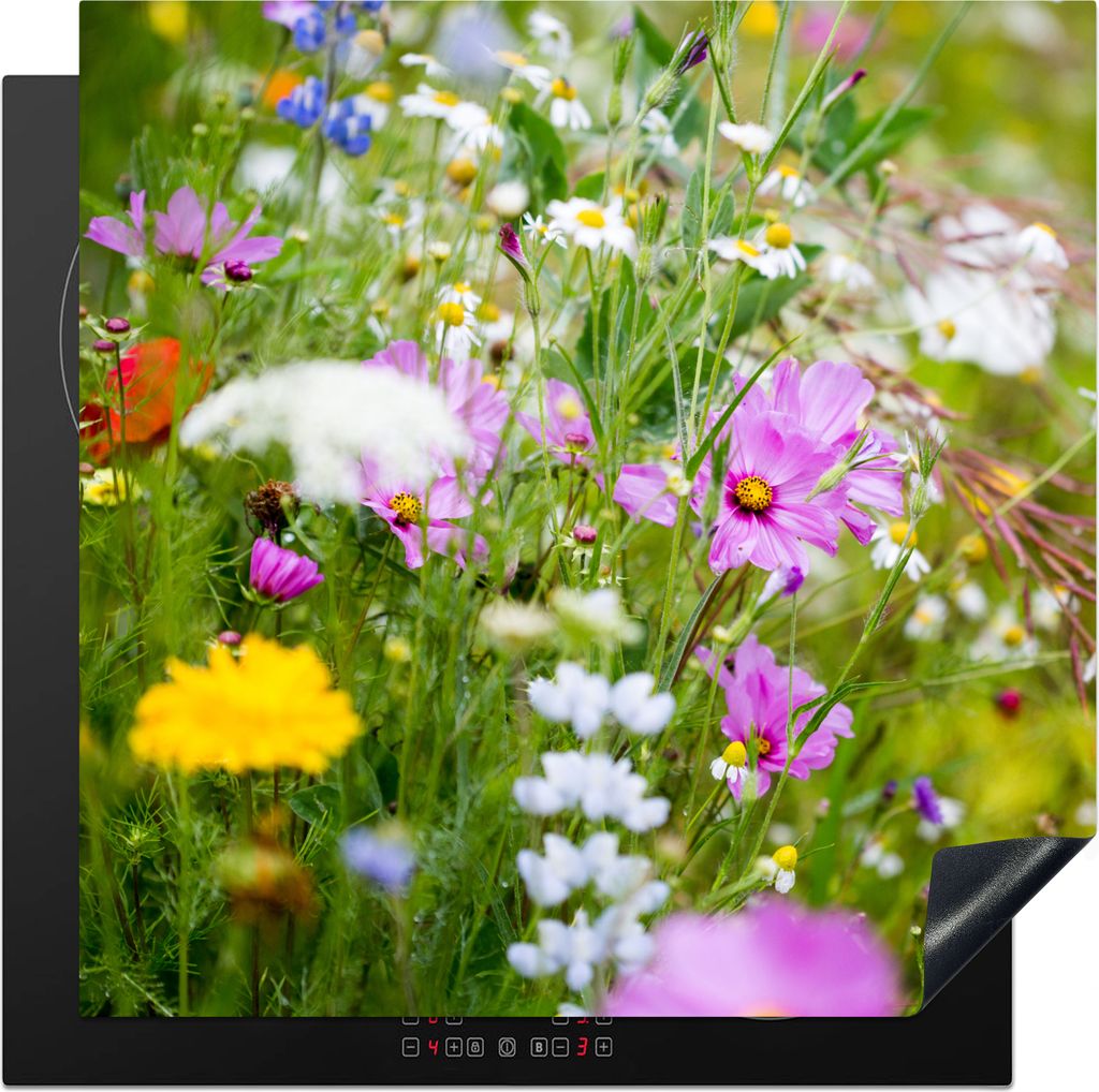 KitchenYeah Herdabdeckplatte Blumen - Natur - Grün - Gras - Lila - Weiß , 78x78cm, Küche Deko, Glaskeramikkochfeld Herdabdeckung, Abdeckplatte...