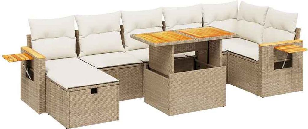 vidaXL 8-tlg. Garten-Sofagarnitur mit Kissen Beige Poly Rattan
