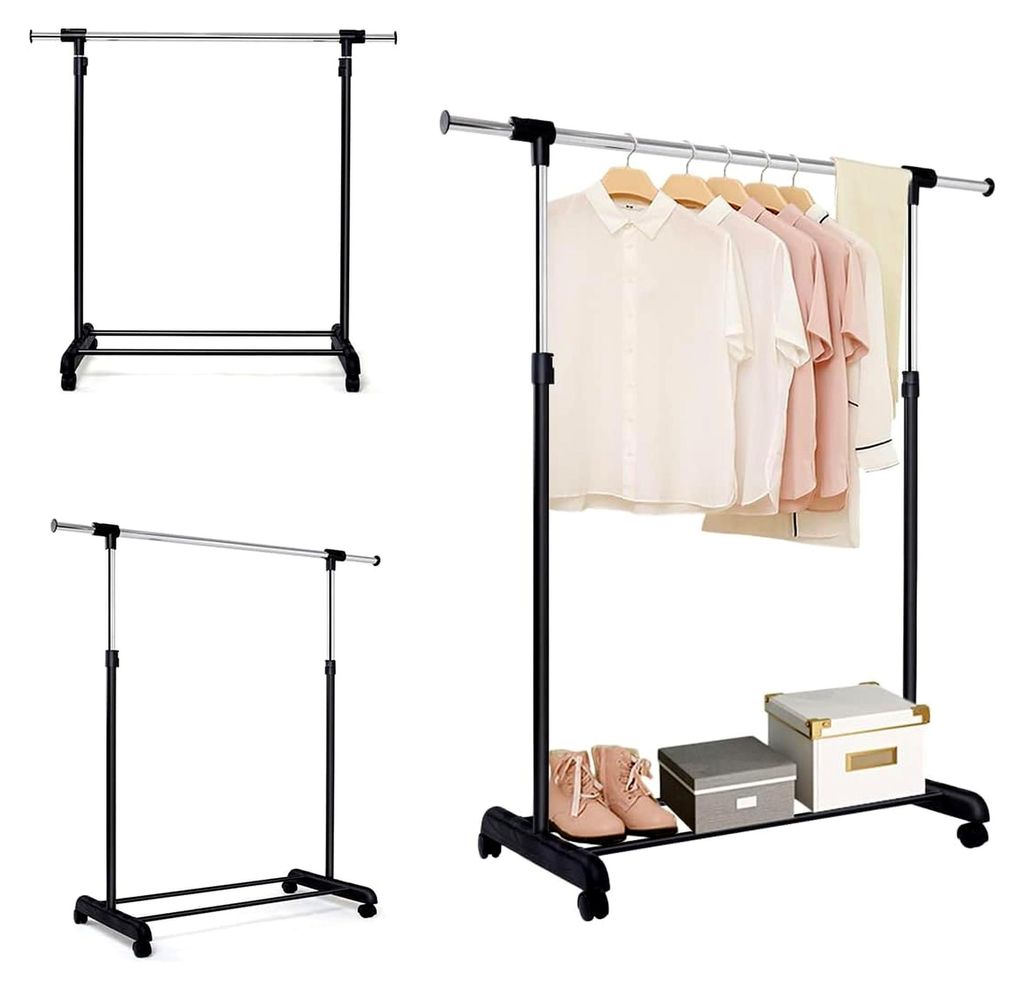 Kleiderständer höhenverstellbar, Kleiderstange auf Rollen, Garderobenständer mit Schuhablage, Garderobe aus Stahl, Rollgarderobe Ausziehbar, Clo...