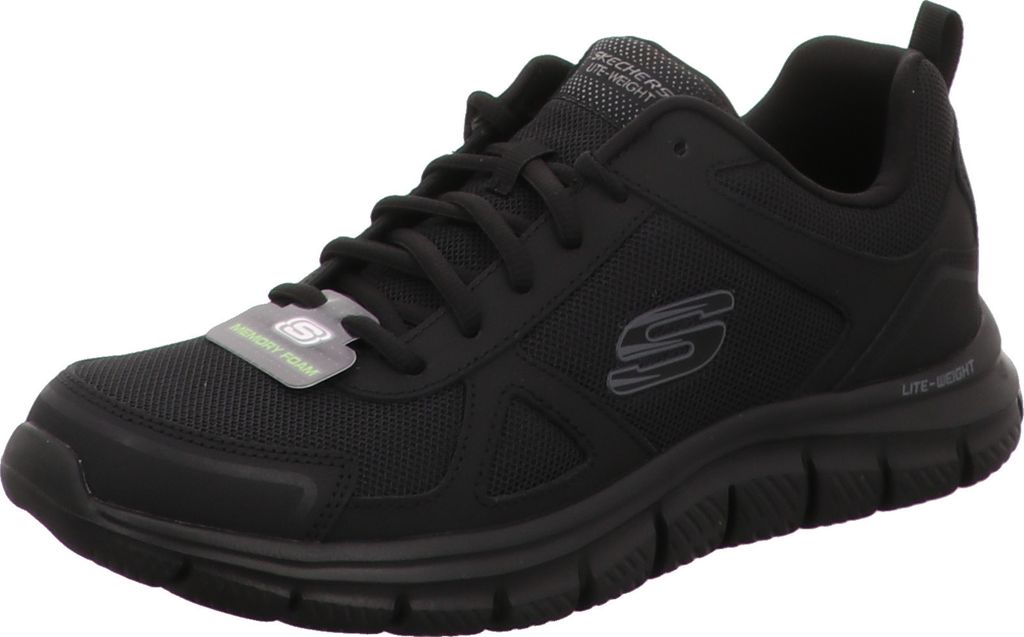 A black Skechers sneaker is shown from a side angle on a white background.