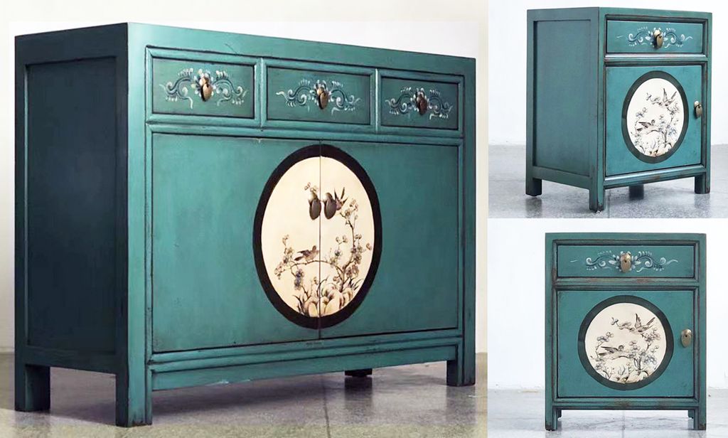 Chinesische Kombination/Set Aurora, Asia Möbel Schlafzimmer Shabby Chic Vintage smaragd-grün Sideboard Kommode Schrank Hochzeitsschrank, 2 Nacht-...