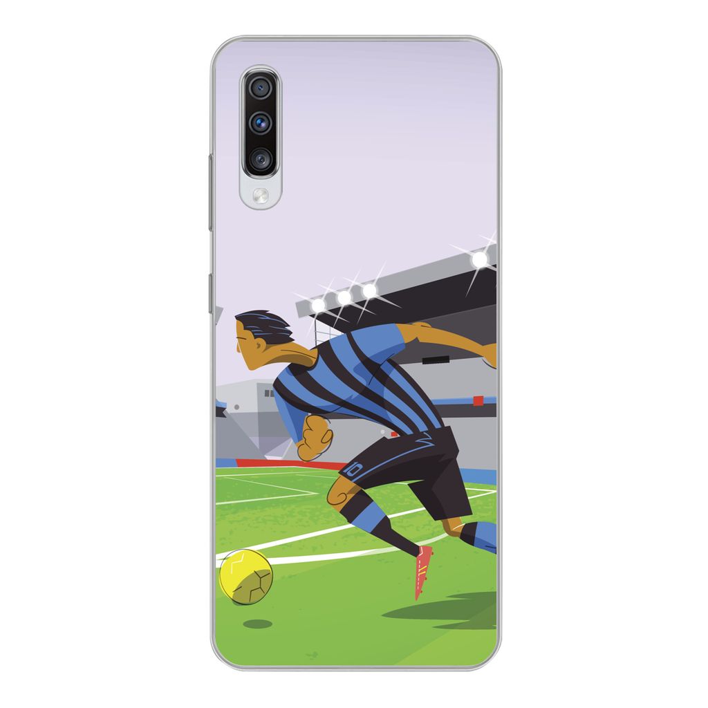 MuchoWow Handyhülle Schutzhülle Hülle für Samsung Galaxy A70 Eine Illustration von Spielern, die in einem Stadion Fußball spielen - Junge - ...