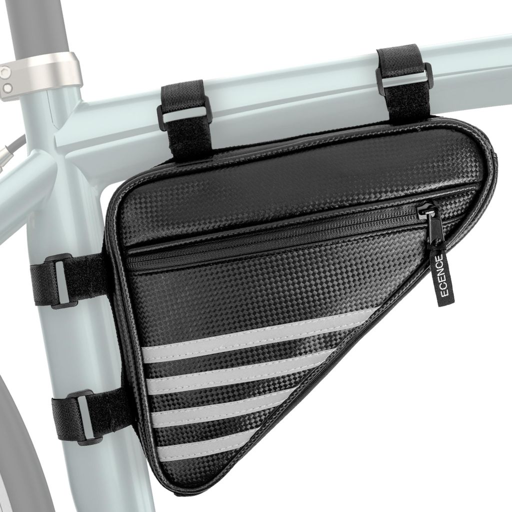 A black triangular bicycle frame bag with reflective stripes is attached to the frame of a bicycle.