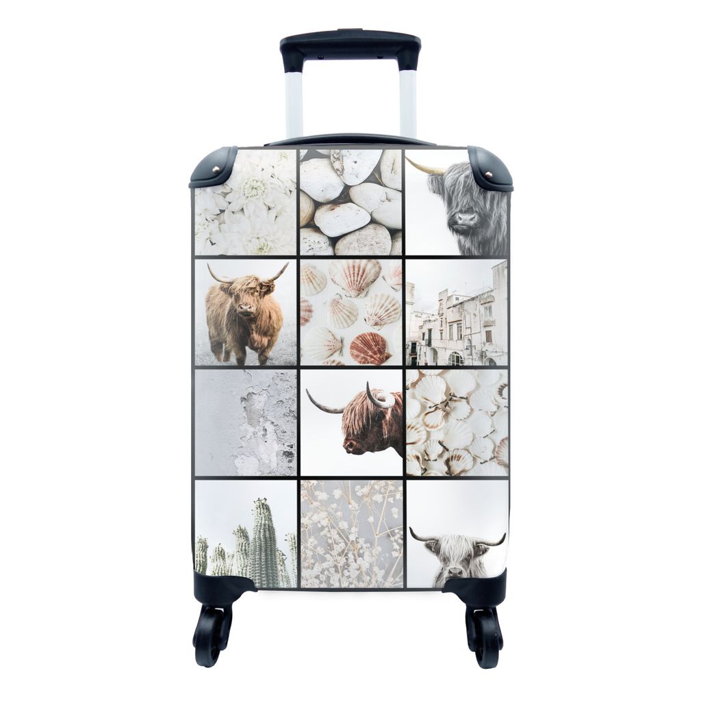 MuchoWow Koffer Handgepäck Trolley Rollkoffer Kleine Reisekoffer mit 4 Rollen - Schottischer Highlander - Collage - Blumen - Muscheln - Cabin Si...