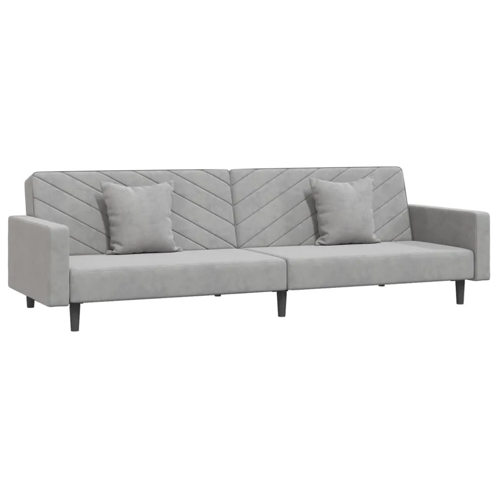 Banquette convertible 2 places velours gris clair et coussins moelleux