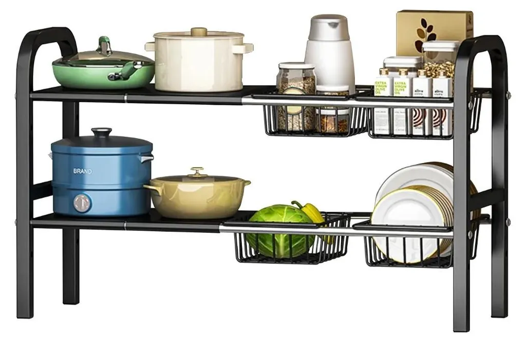 Étagère modulable noire avec paniers coulissants et plateaux amovibles