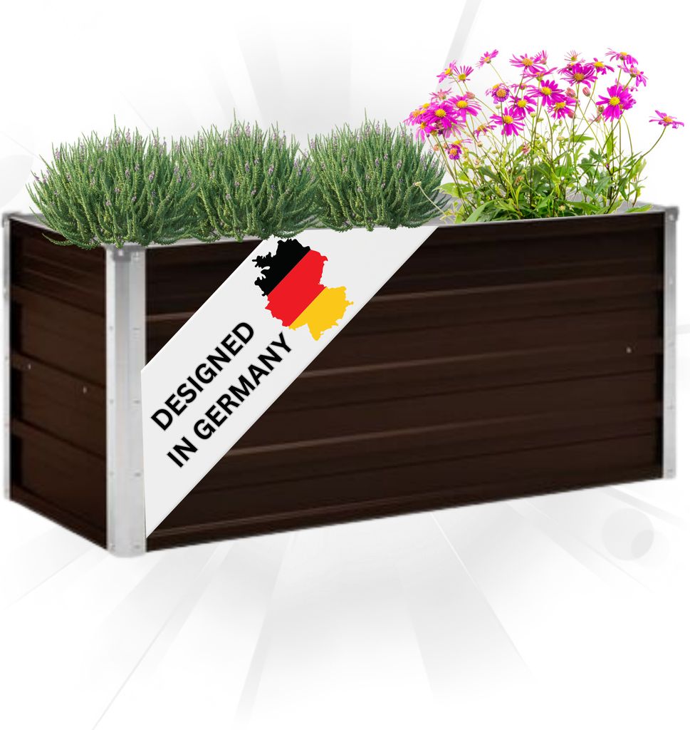 A brown rectangular planter box filled with green plants and pink flowers, with a diagonal white banner featuring the German flag and text.