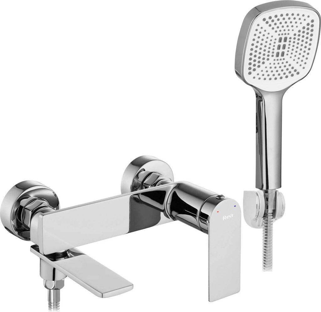 A chrome bathtub faucet and showerhead set against a white background.