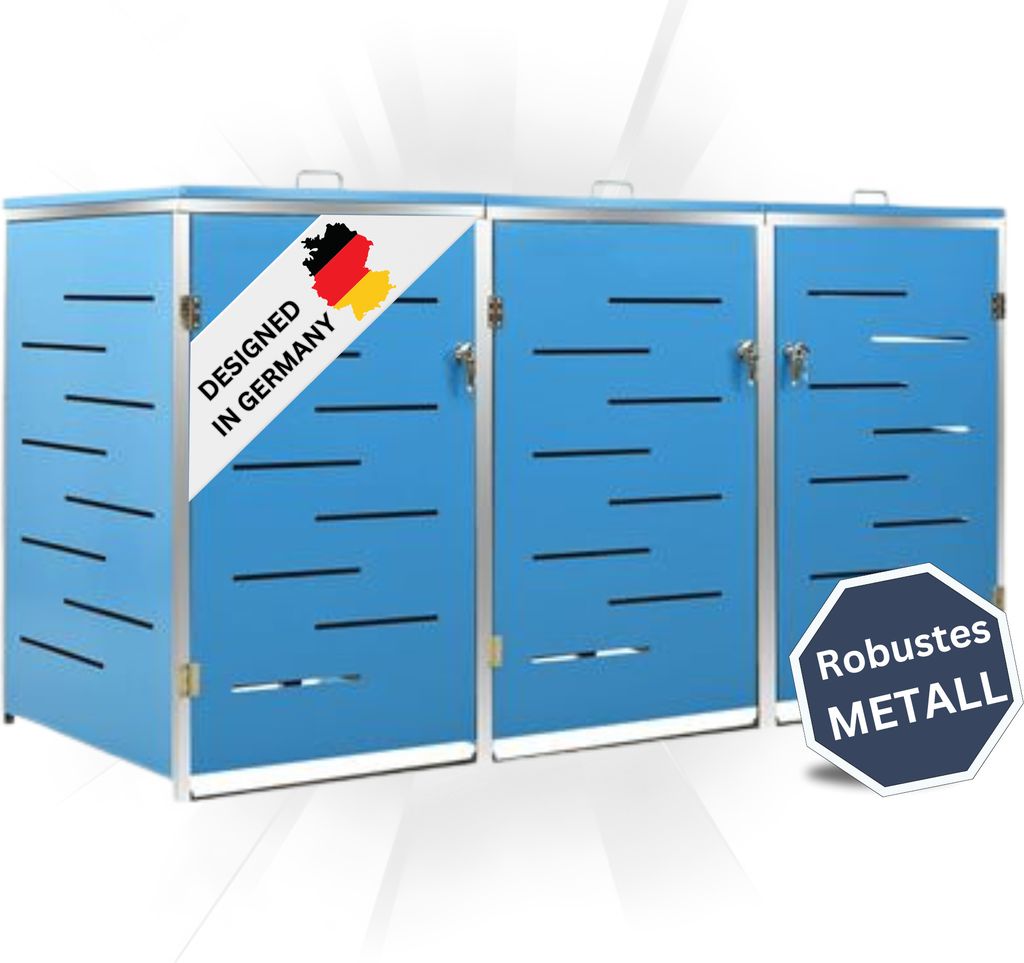 DELUKE 3er Mülltonnenbox JAGU Edelstahl | Blau | 115x207x77,5cm | Mülltonnenverkleidung für 3 Tonnen 240L Müllbox aus Metall Mülltonnenschut...