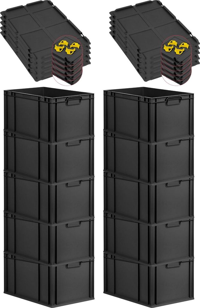 SparSet 10x Eurobox NextGen Grip mit Auflagedeckel inkl. 4 gelben Schiebeschnappverschlüssen | HxBxT 32x40x60cm | 65 Liter | Schwarz | Griffe gesc...