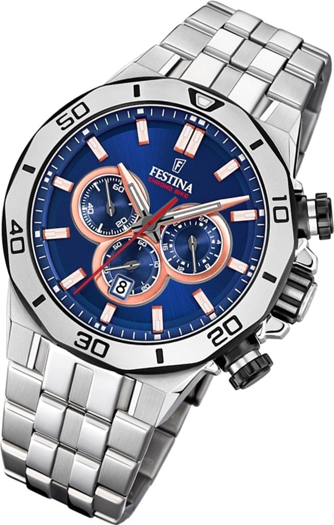 A close-up studio shot of a Festina Chrono Bike chronograph watch with a blue dial and silver metal band.