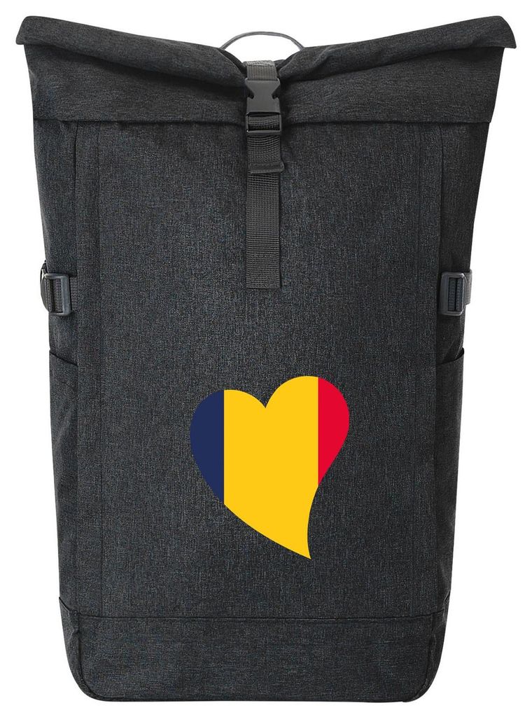Huuraa Kurierrucksack Tschad Flagge Herz 30-44 Liter Black Melange Fairtrade Rolltop Rucksack Geschenkidee