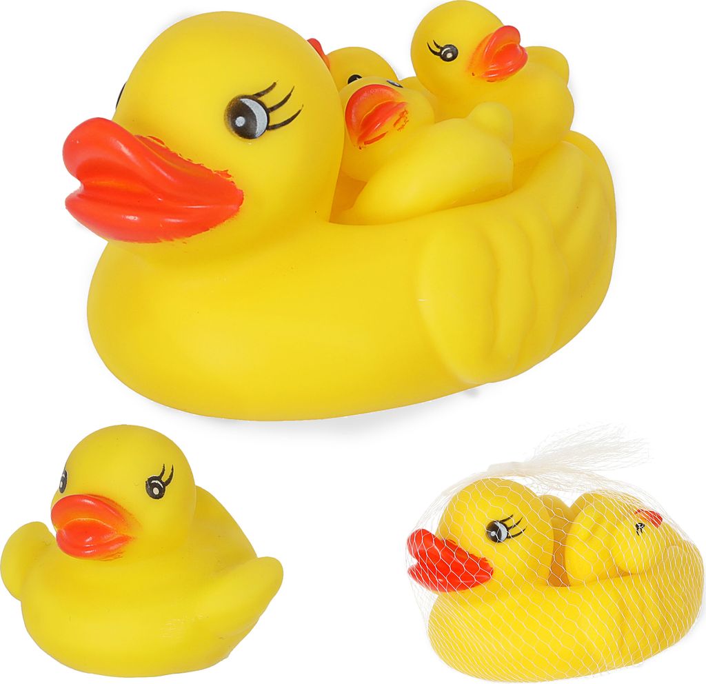 Badeente Mama mit Kids 4tlg. 11x9x15cm PVC gelb Schnabel Badespielzeug Quietscheente Badewanne Mama-Ente 3 Baby-Enten
