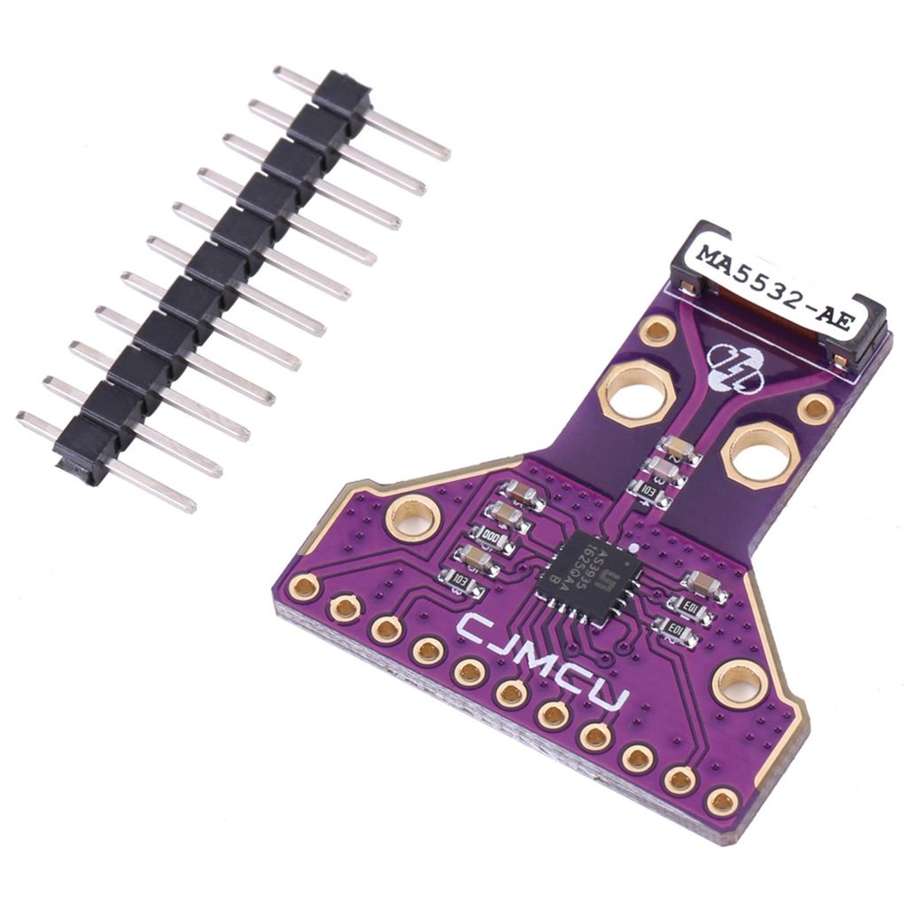 A close-up shot of an electronic sensor module and a header pin connector on a white background.