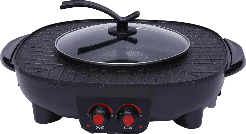 Appareil à fondue chinoise et grillade électrique 2 en 1 noir polyvalent