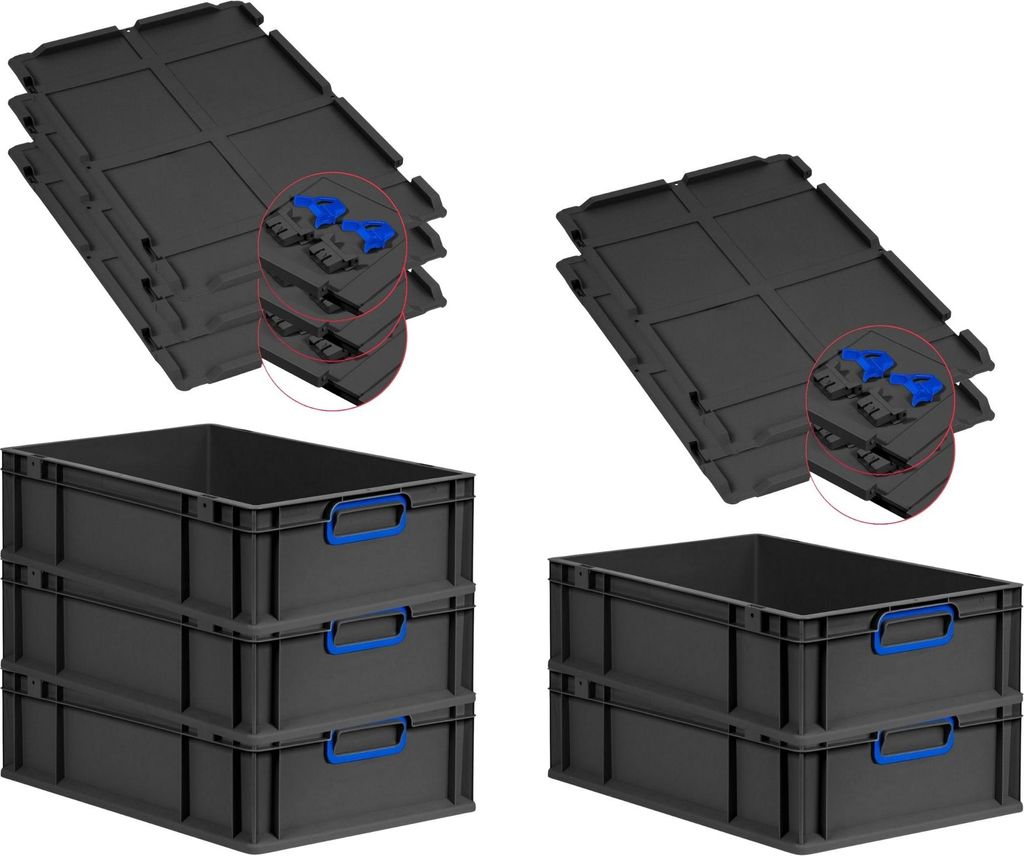 SuperSparSet 5x Eurobox NextGen Color mit Scharnierdeckel und Schiebeschnappverschlüssen | HxBxT 17x40x60cm | 34 Liter | Schwarz | Griffe blau ges...