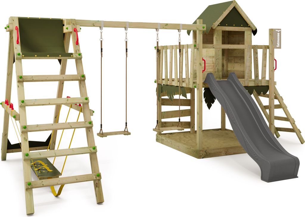 FATMOOSE Spielturm Klettergerüst JazzyJungle mit Schaukel SurfSwing & Rutsche, Spielhaus mit Sandkasten, Leiter & Spiel-Zubehör - anthrazit / oli...