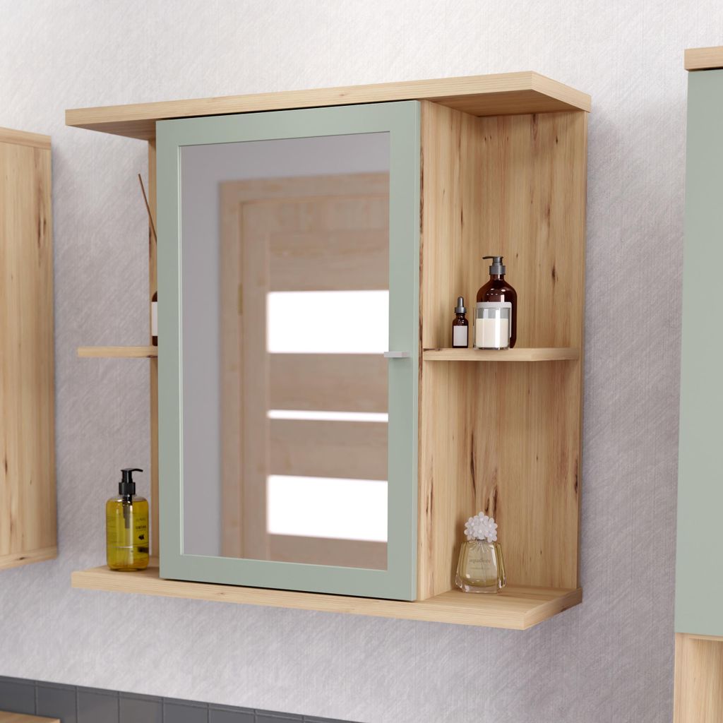Forte CHAMP Spiegelschrank 70, moderner Badschrank, hängend, 1 Tür, 4 Ablagen, Holzwerkstoff, Artisan Eiche Holzdekor mit Salbei, 69,9 cm breit x...