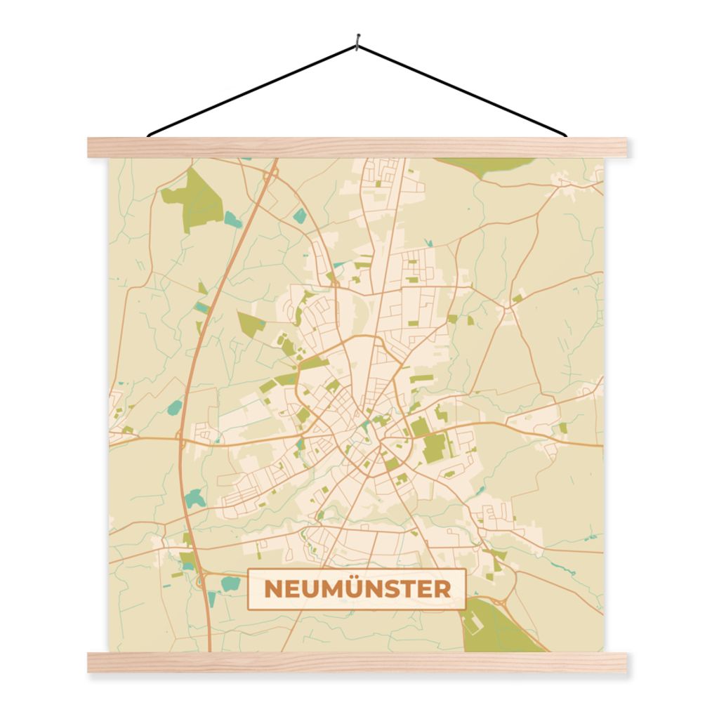 MuchoWow Textilposter Neumünster - Jahrgang - Karte - Stadtplan 120x120 cm mit holzfarbenen Rahmen - Textil-Poster
