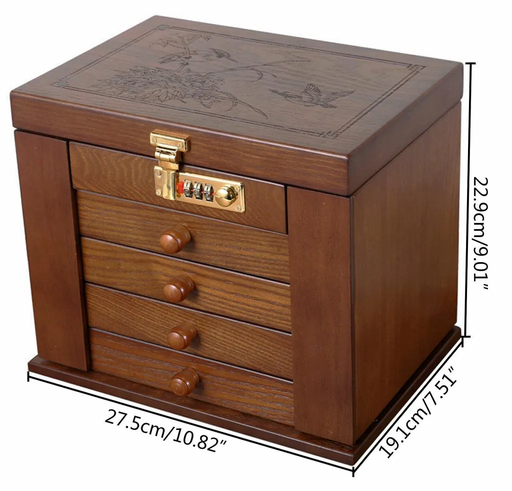 Boîte à bijoux 4 étages marron et coffret de rangement sécurisé à code - 2