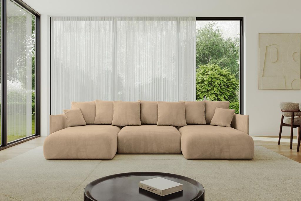 ALTDECOR Ecksofa in U-Form mit Schlaffunktion und Bettkasten ONESK-U 317x177x72 cm Beige - Corner Sofa Bett Eckcouch Couch U-Form Schlafcouch Auszi...