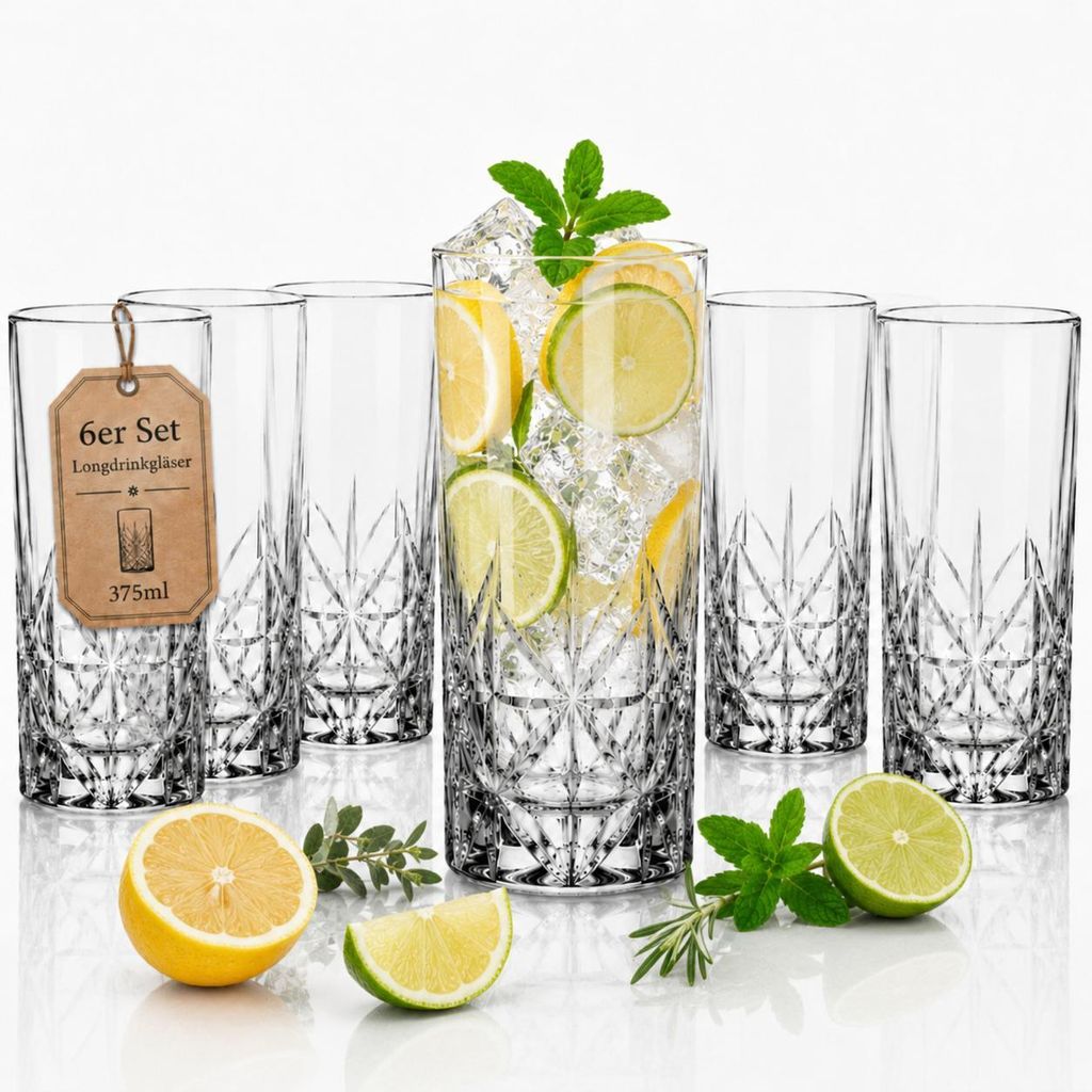 6er Set Longdrinkgläser 375 ml mit edler Schliffoptik Wassergläser Cocktailgläser Saftgläser für Softdrinks Latte Macchiato spülmaschinengeei...