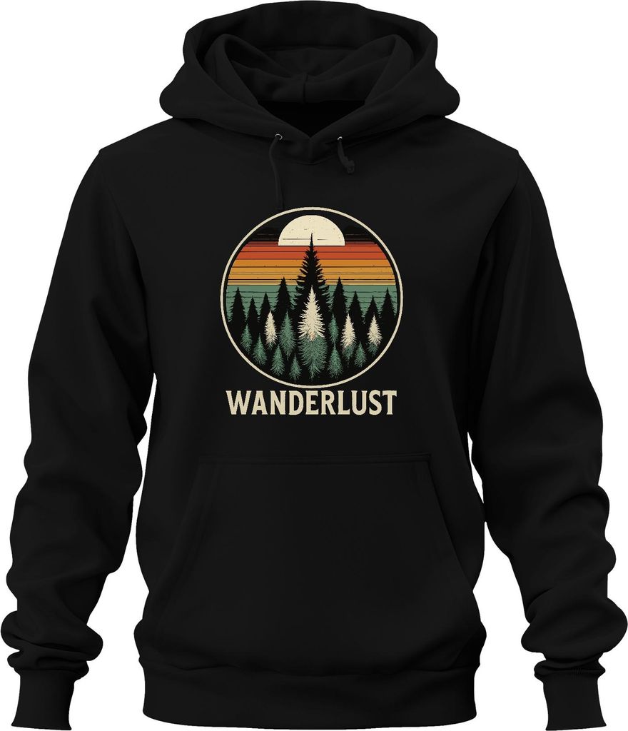 Wanderlust Retro Sonnenuntergang Wald Tannen Camping Wandern Uni Hoodie Kapuzenpullover, Schwarz, S