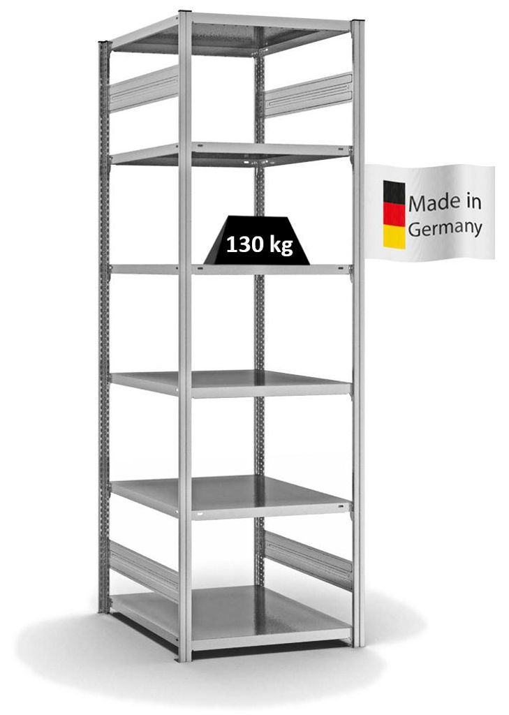 PROREGAL Fachbodenregal Stecksystem MAGNUS Germany | HxBxT 250x75x80cm | 6 Ebenen | Fachlast 130 kg | Beidseitig nutzbar | Verzinkt