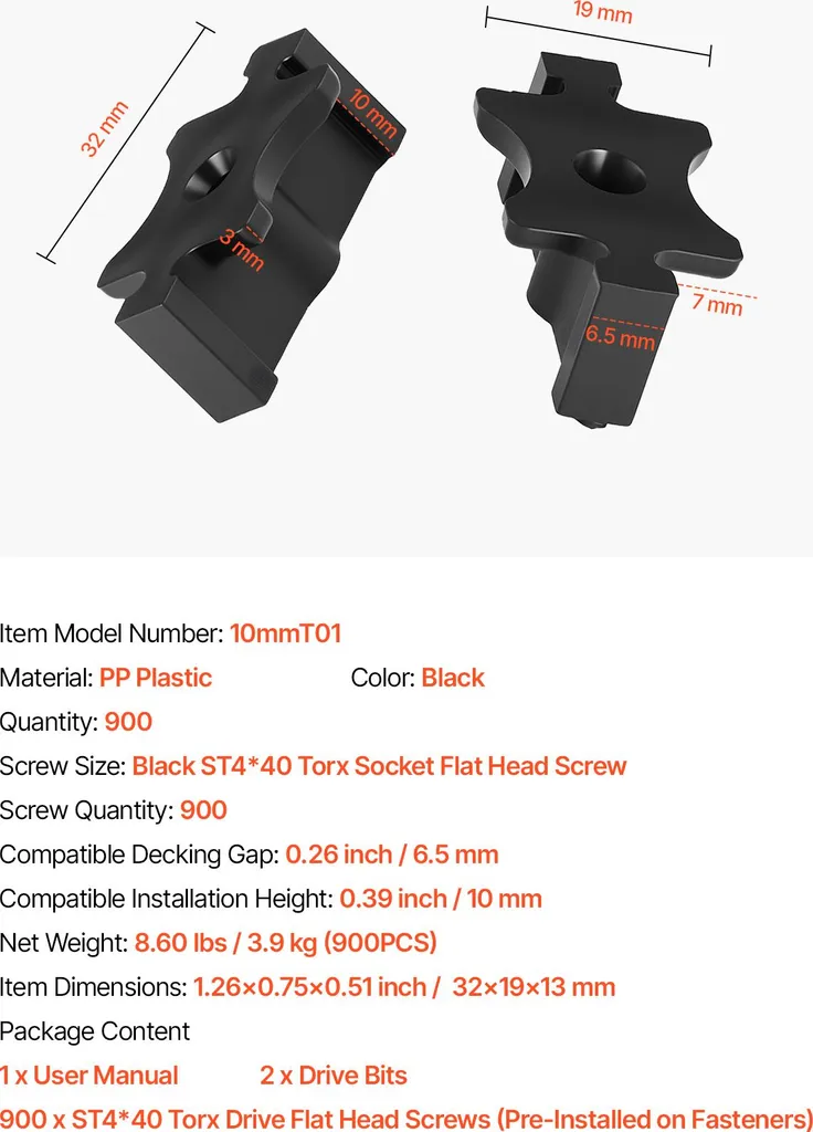 VEVOR 900x Clips de Fixation Cachée pour Lames de Terrasse Composite 10mm - 7