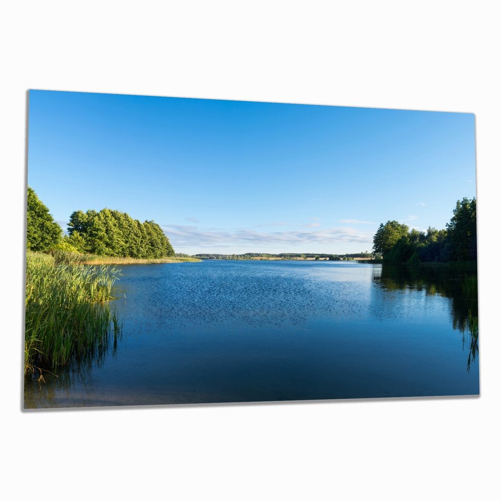 Wallario Herdabdeckplatte aus Glas, Größe 80 x 52 cm 1-teilig, Motiv Malerischer See mit Schilf unter blauem Himmel