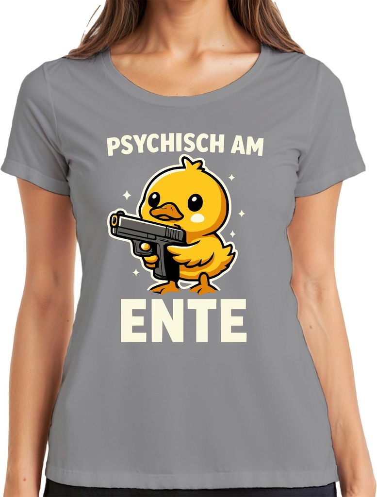 Psychisch am Ente Entchen mit Pistole Lustig Meme Frech Gag Retro Damen T-Shirt, Grau, 3XL